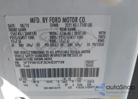 2012 Ford F-150 Xl z USA, uszkodzony, nr VIN 1FTFW1CF3CKE37739